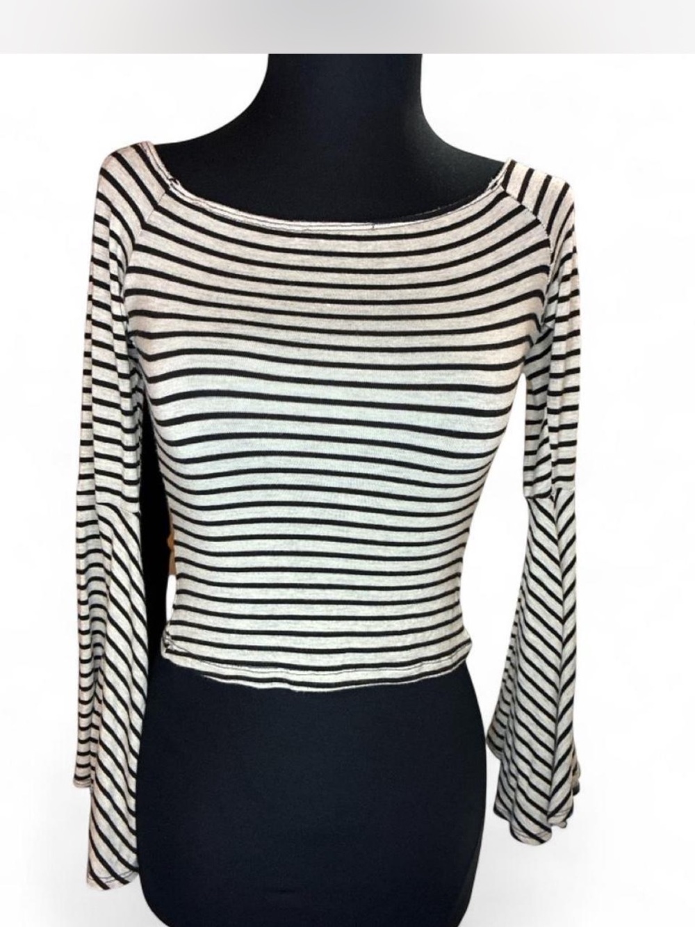 Striped Black & White Long-Sleeve Boatneck Bell-Sleeve Dress